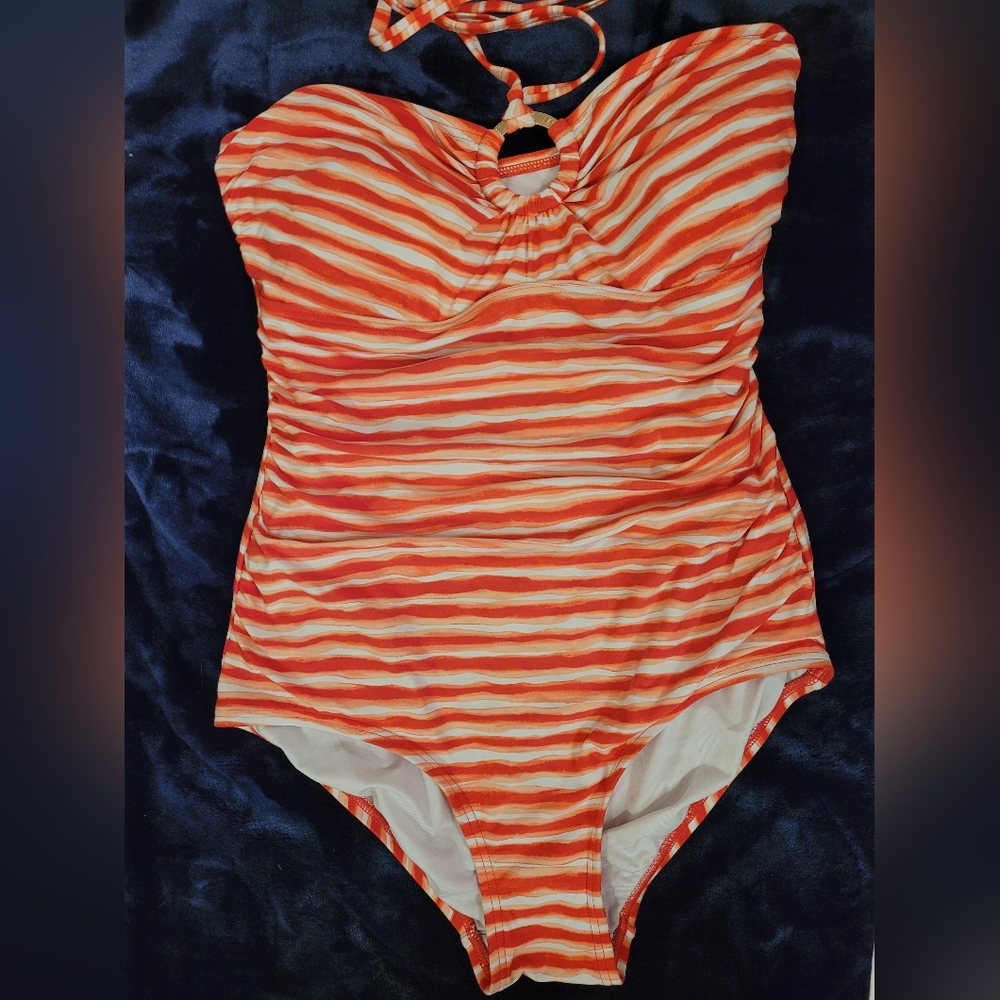 Michael Kors Orange and White Striped One-Piece Swimsuit
